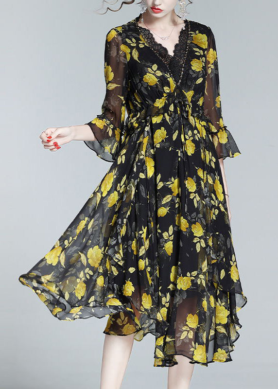 Unique Yellow V Neck Print Slim Silk Maxi Dresses Spring LY1048