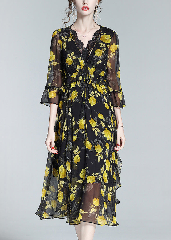 Unique Yellow V Neck Print Slim Silk Maxi Dresses Spring LY1048