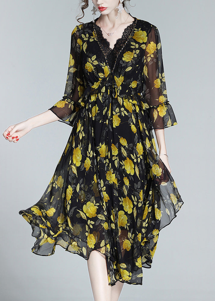 Unique Yellow V Neck Print Slim Silk Maxi Dresses Spring LY1048