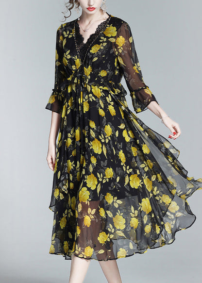 Unique Yellow V Neck Print Slim Silk Maxi Dresses Spring LY1048