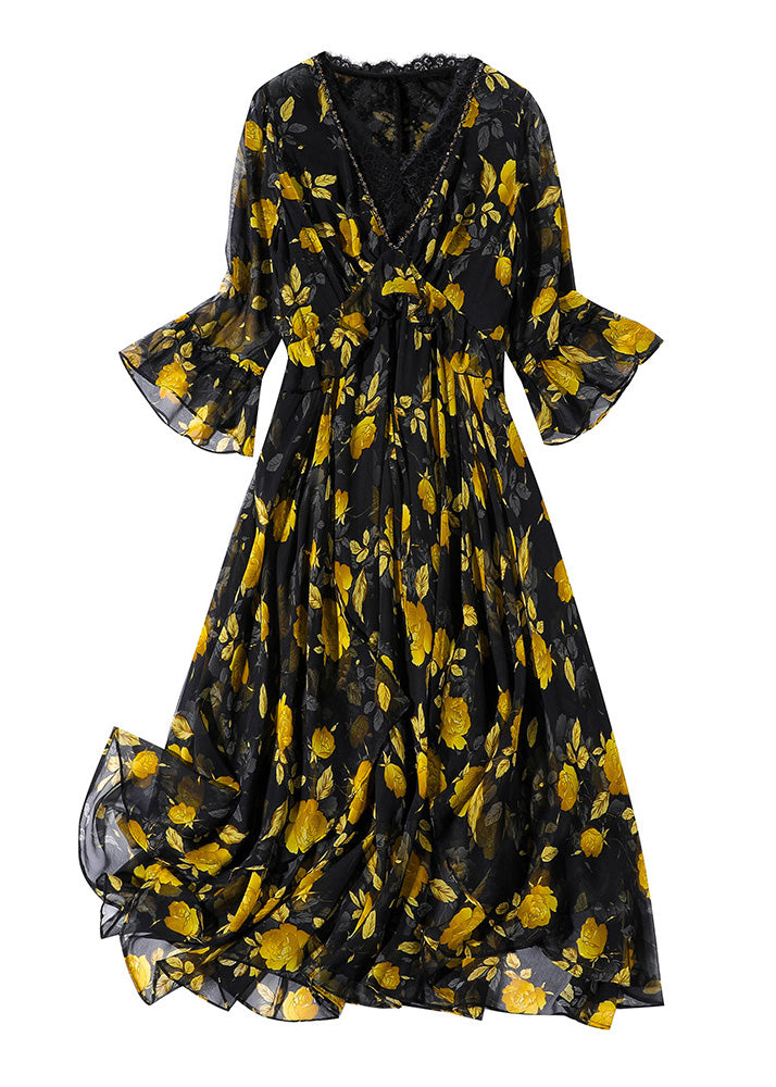 Unique Yellow V Neck Print Slim Silk Maxi Dresses Spring LY1048