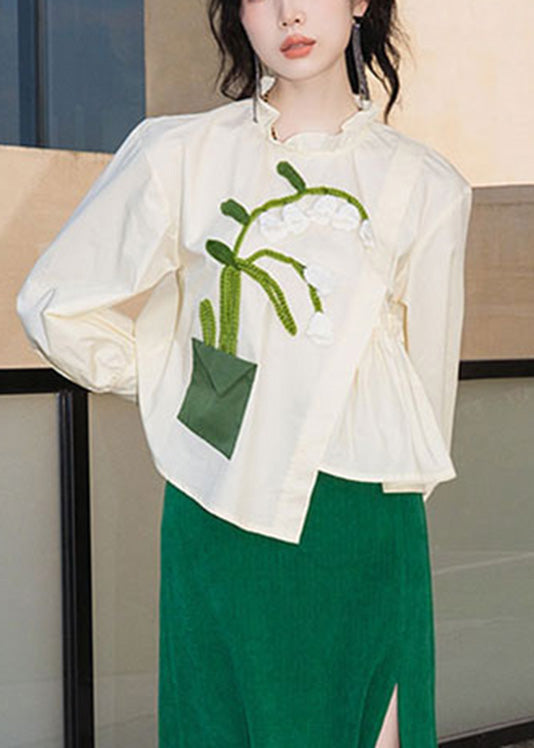 Vintag Beige Ruffled Embroideried Tie Waist Shirts Long Sleeve LY0752