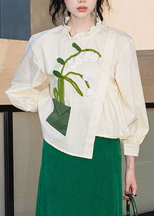 Vintag Beige Ruffled Embroideried Tie Waist Shirts Long Sleeve LY0752