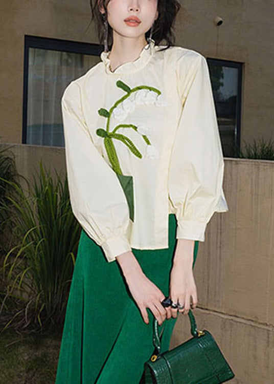 Vintag Beige Ruffled Embroideried Tie Waist Shirts Long Sleeve LY0752