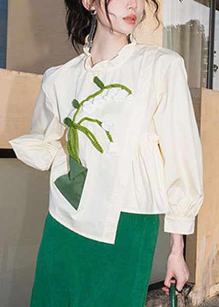 Vintag Beige Ruffled Embroideried Tie Waist Shirts Long Sleeve LY0752