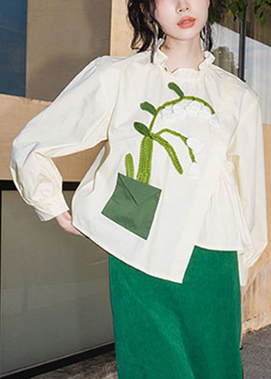 Vintag Beige Ruffled Embroideried Tie Waist Shirts Long Sleeve LY0752