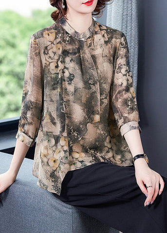 Vintage Apricot Asymmetrical Print Silk Shirts Bracelet Sleeve LY0467