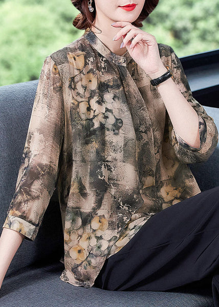 Vintage Apricot Asymmetrical Print Silk Shirts Bracelet Sleeve LY0467