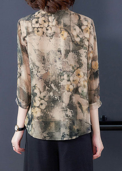 Vintage Apricot Asymmetrical Print Silk Shirts Bracelet Sleeve LY0467