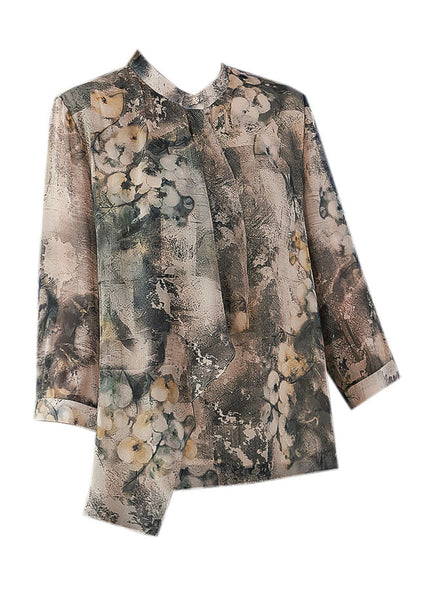 Vintage Apricot Asymmetrical Print Silk Shirts Bracelet Sleeve LY0467