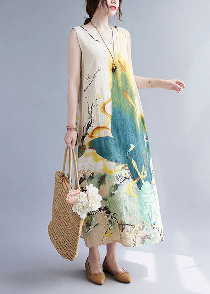 Vintage Beige Print O-Neck Linen Vacation Dresses Summer AC2082