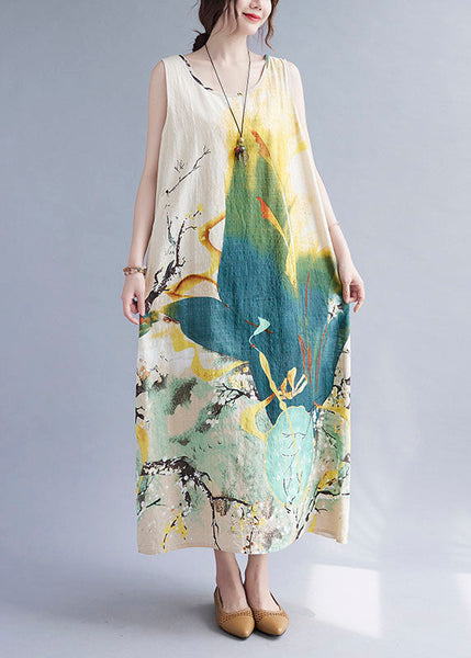 Vintage Beige Print O-Neck Linen Vacation Dresses Summer AC2082