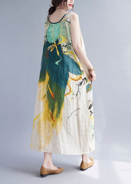 Vintage Beige Print O-Neck Linen Vacation Dresses Summer AC2082