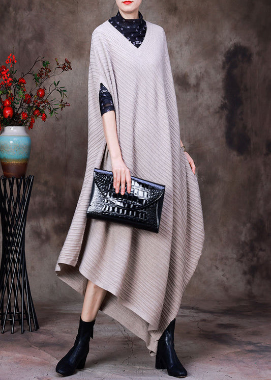Vintage Beige V Neck Asymmetrical Woolen Knit Long Sweater Fall HA1033