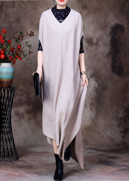 Vintage Beige V Neck Asymmetrical Woolen Knit Long Sweater Fall HA1033