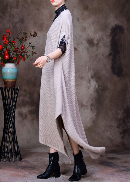 Vintage Beige V Neck Asymmetrical Woolen Knit Long Sweater Fall HA1033