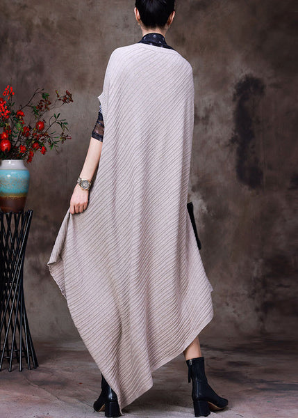 Vintage Beige V Neck Asymmetrical Woolen Knit Long Sweater Fall HA1033