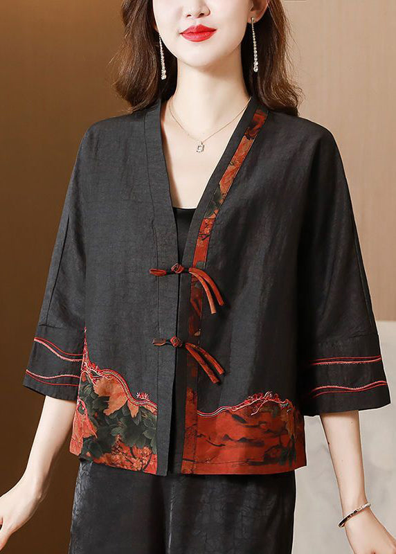 Vintage Black Embroideried Chinese Button Silk Jacket Bracelet Sleeve AC3002