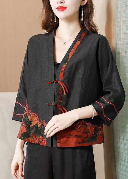 Vintage Black Embroideried Chinese Button Silk Jacket Bracelet Sleeve AC3002