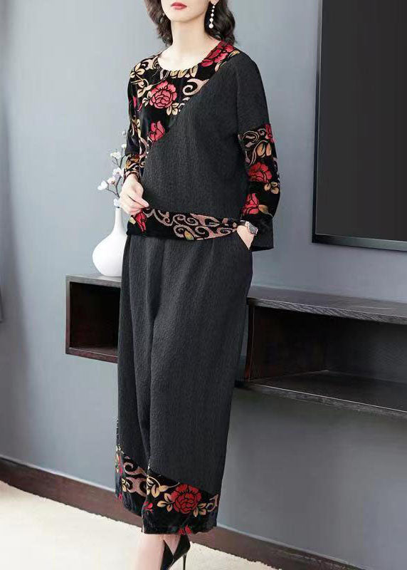 Vintage Black Embroideried Tops And Wide Leg Pants Cotton Two Piece Set Fall TF1042