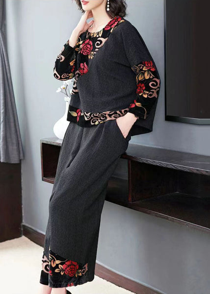Vintage Black Embroideried Tops And Wide Leg Pants Cotton Two Piece Set Fall TF1042