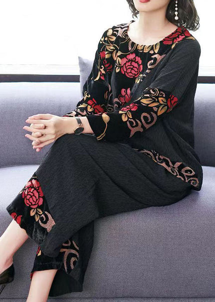 Vintage Black Embroideried Tops And Wide Leg Pants Cotton Two Piece Set Fall TF1042