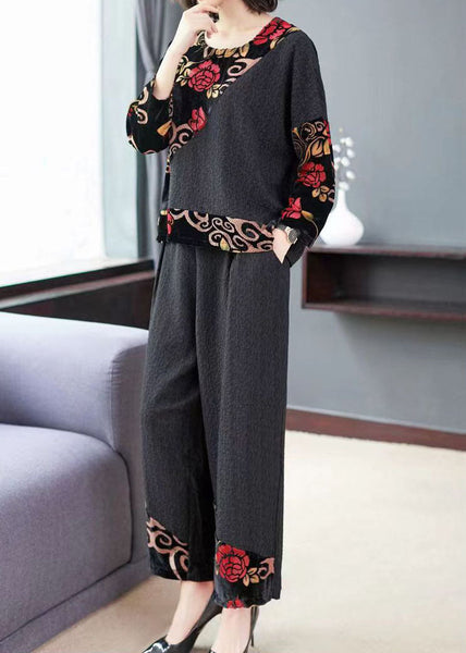 Vintage Black Embroideried Tops And Wide Leg Pants Cotton Two Piece Set Fall TF1042