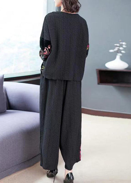 Vintage Black Embroideried Tops And Wide Leg Pants Cotton Two Piece Set Fall TF1042