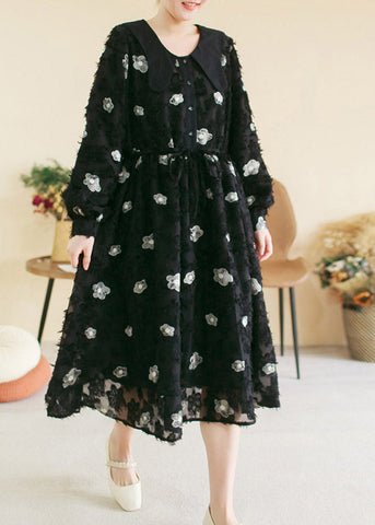 Vintage Black O-Neck Embroideried Floral Patchwork Cotton Long Dress Spring TI1036