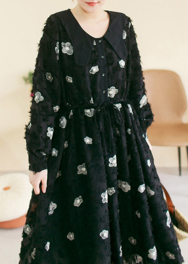 Vintage Black O-Neck Embroideried Floral Patchwork Cotton Long Dress Spring TI1036