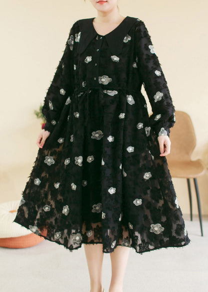 Vintage Black O-Neck Embroideried Floral Patchwork Cotton Long Dress Spring TI1036