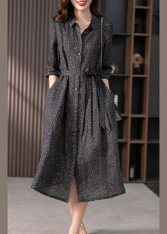 Vintage Black Peter Pan Collar Print Button Tie Waist Linen Long Shirts Dress Long Sleeve LY1732