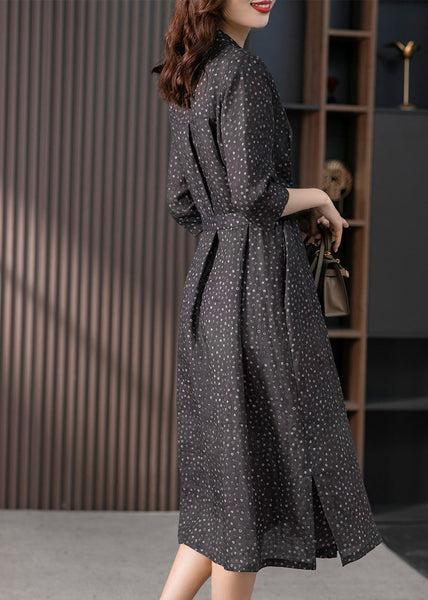 Vintage Black Peter Pan Collar Print Button Tie Waist Linen Long Shirts Dress Long Sleeve LY1732