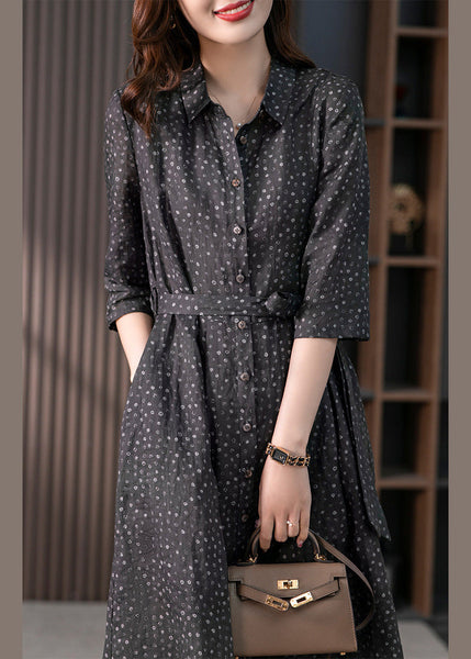 Vintage Black Peter Pan Collar Print Button Tie Waist Linen Long Shirts Dress Long Sleeve LY1732