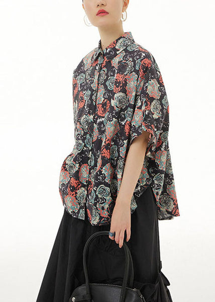 Vintage Black Peter Pan Collar Print Cotton Shirts Top Summer LY1232