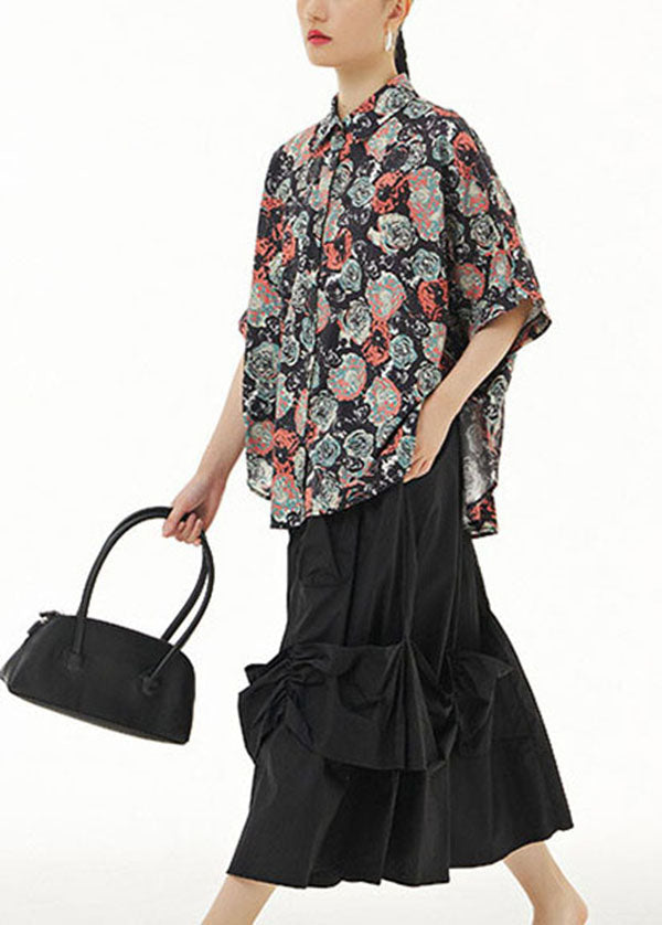 Vintage Black Peter Pan Collar Print Cotton Shirts Top Summer LY1232