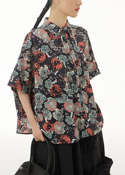 Vintage Black Peter Pan Collar Print Cotton Shirts Top Summer LY1232