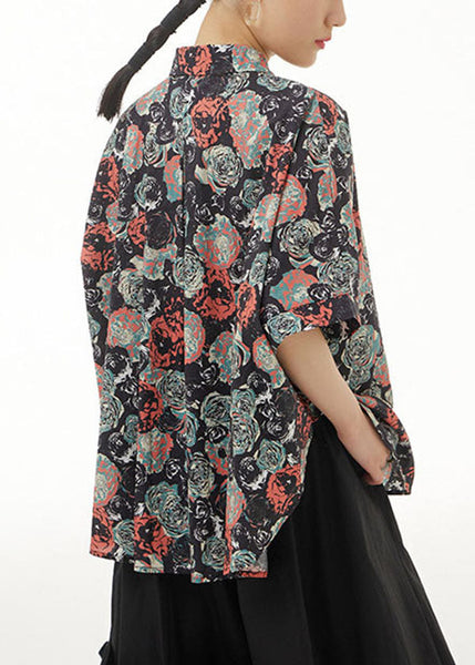 Vintage Black Peter Pan Collar Print Cotton Shirts Top Summer LY1232