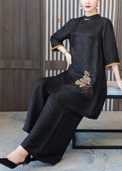 Vintage Black Stand Collar Oversized Jacquard Spandex 2 Piece Outfit Summer LY1066