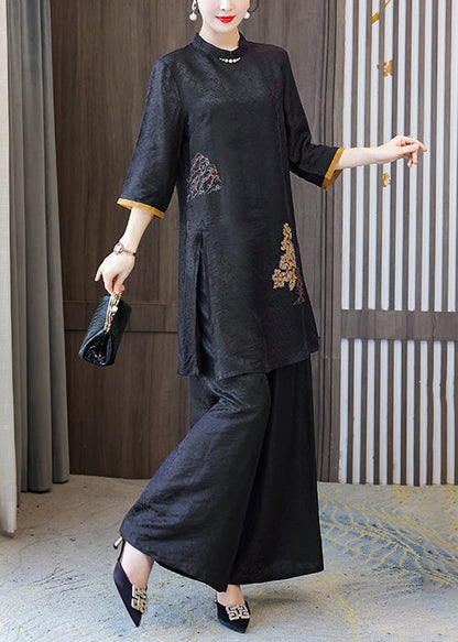 Vintage Black Stand Collar Oversized Jacquard Spandex 2 Piece Outfit Summer LY1066