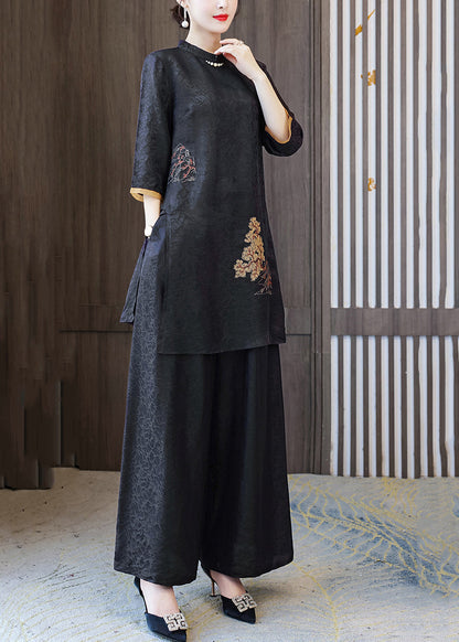 Vintage Black Stand Collar Oversized Jacquard Spandex 2 Piece Outfit Summer LY1066