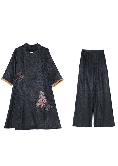 Vintage Black Stand Collar Oversized Jacquard Spandex 2 Piece Outfit Summer LY1066