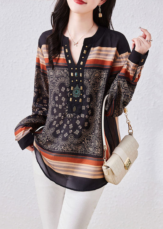 Vintage Black V Neck Print Patchwork Chiffon Blouses Long Sleeve TQ1026