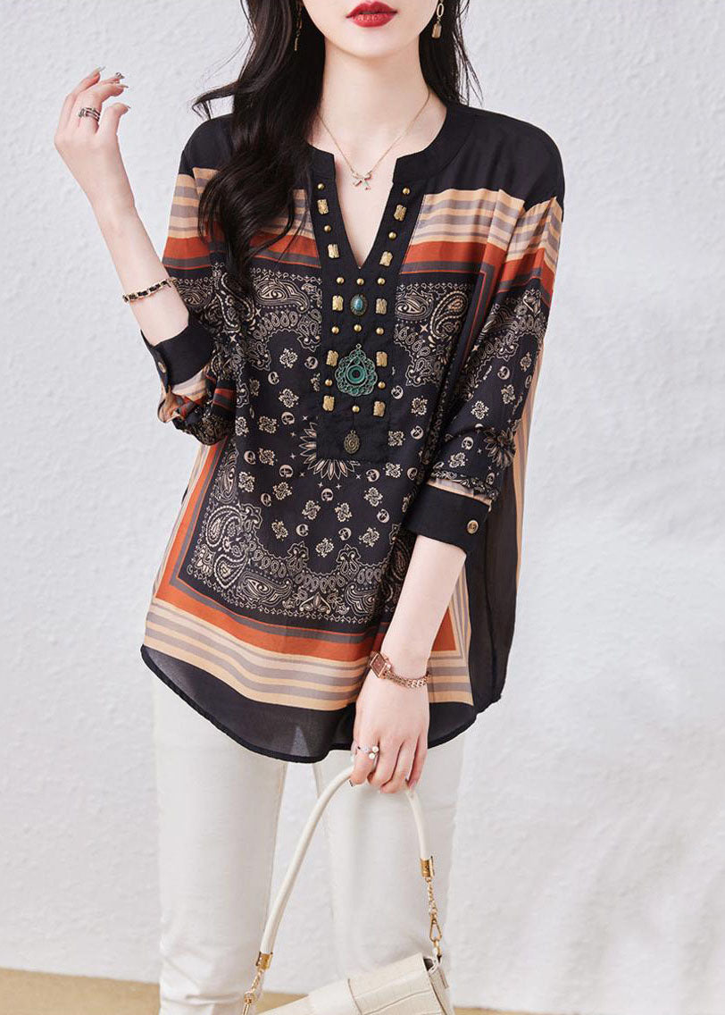Vintage Black V Neck Print Patchwork Chiffon Blouses Long Sleeve TQ1026