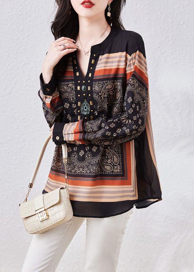 Vintage Black V Neck Print Patchwork Chiffon Blouses Long Sleeve TQ1026