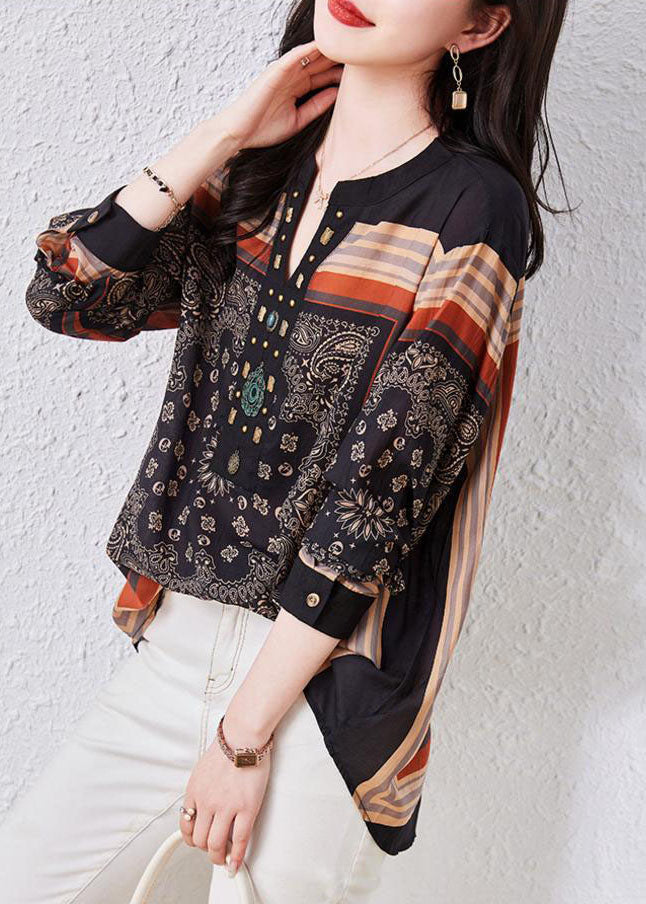 Vintage Black V Neck Print Patchwork Chiffon Blouses Long Sleeve TQ1026