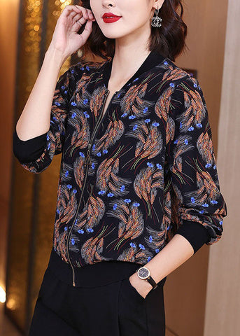 Vintage Black Zippered Patchwork Print Silk Jackets Spring LY0088