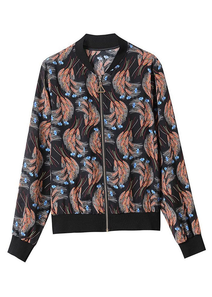 Vintage Black Zippered Patchwork Print Silk Jackets Spring LY0088