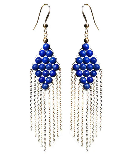Vintage Blue 14K Gold Gem Stone Tassel Drop Earrings Ada Fashion