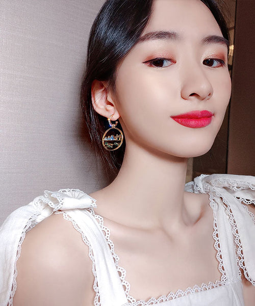 Vintage Blue Alloy Zircon Landscape Drop Earrings TW1046